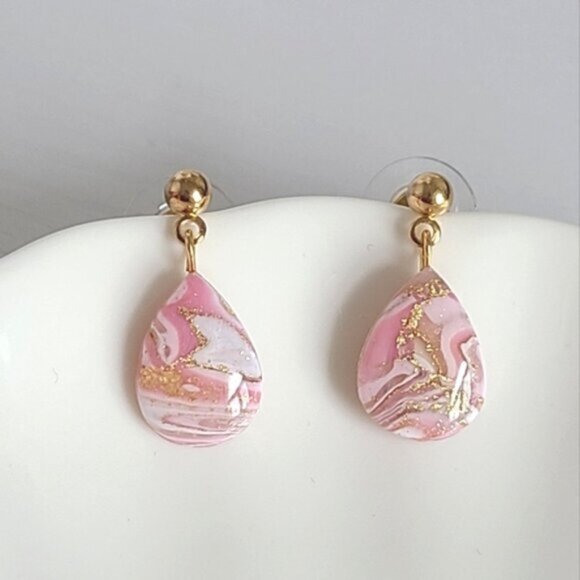 Boho Gold Ball Resin Pink White Agate Gemstone Inspired Teardrop Dangle Earrings - Picture 6 of 12